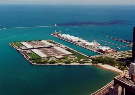 Aerial view of the James W. Jardine Water Purification Plant located just North of Chicago’s Navy Pier.